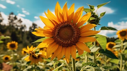 a sunflower in a bright field, detailed and realistic, generative ai