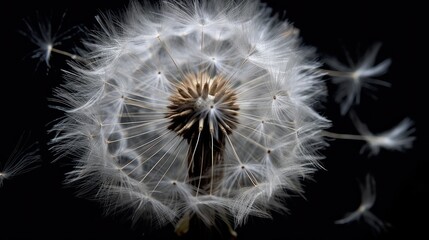 close-up of a dandelion puffball ready to disperse seeds, detailed and realistic, generative ai