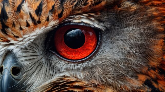 a close-up of an owls eye, detailed and realistic, generative ai