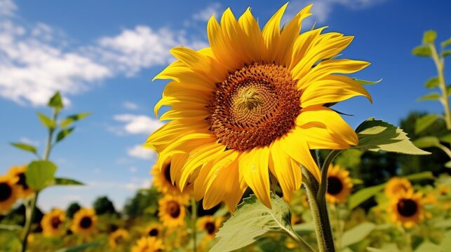 a sunflower in a bright field, detailed and realistic, generative ai