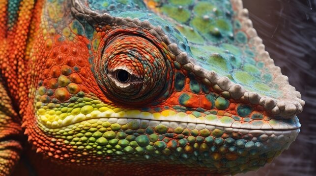 close-up of a chameleons eye, skin showing the texture, detailed and realistic, generative ai