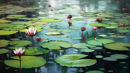 the surface of a calm pond with floating lily pads, generative ai - obrazy, fototapety, plakaty