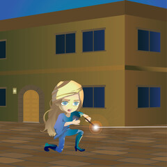 夜の街角で魔法を使う女の子のベクターイラスト