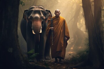 Fototapeta na wymiar A Buddhist monk with the elephant in the forest, Cambodia