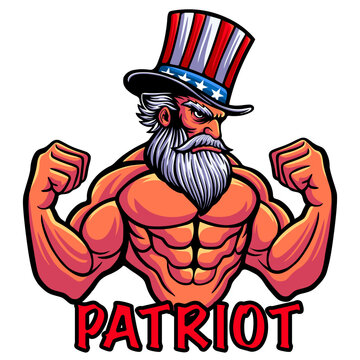 Uncle sam vector illustration. Muscular uncle sam mascot. Patriot mascot. United States of America. Independence day. 4th of July. Mascot for gym logo, fitness, print, poster, sticker, tattoo, t-shirt