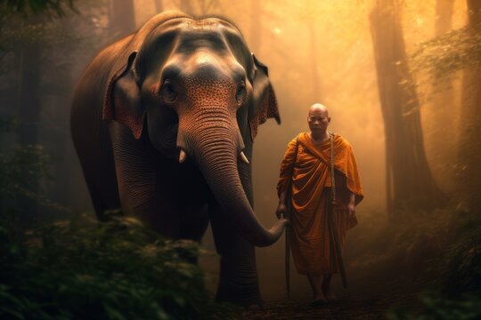 A Buddhist monk with the elephant in the forest, Cambodia.