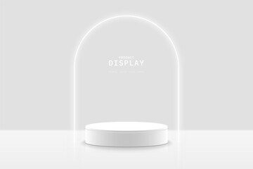 Abstract clean empty studio room. White 3d cylinder podium pedestal realistic with glowing arch shape. Minimal scene for mockup. 3D stage for showcase. 3d vector geometric platform design.