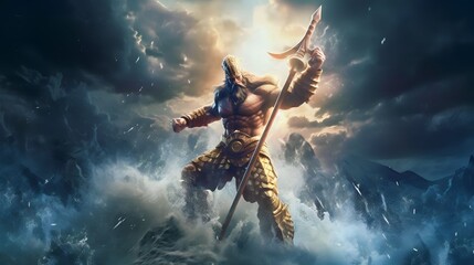 Giant poseidon coming out of the stormy sea. Greek mythological god wearing gold bracelets, carrying a golden trident in a storm Poseidon a Greek mythology god