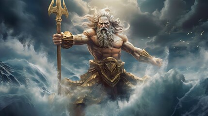 Giant poseidon coming out of the stormy sea. Greek mythological god wearing gold bracelets, carrying a golden trident in a storm Poseidon a Greek mythology god - obrazy, fototapety, plakaty