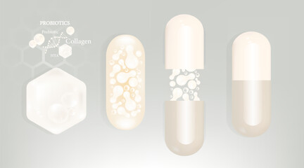 Probiotic and Hyaluronic acid skin solutions ad, white collagen and vitamin capsule, and vitamin serum drop with cosmetic advertising background ready to use illustration vector.
