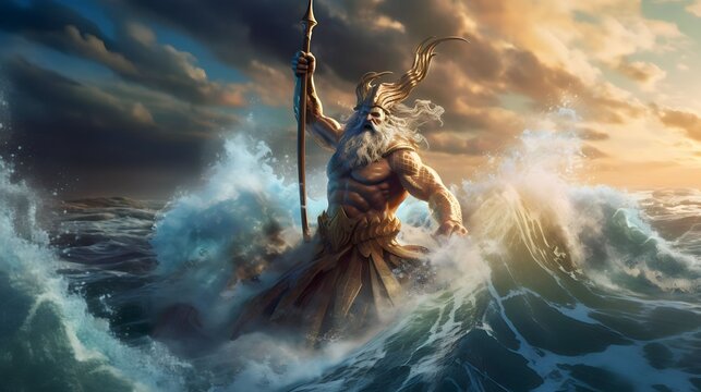 Giant poseidon coming out of the stormy sea. Greek mythological god wearing gold bracelets, carrying a golden trident in a storm Poseidon a Greek mythology god