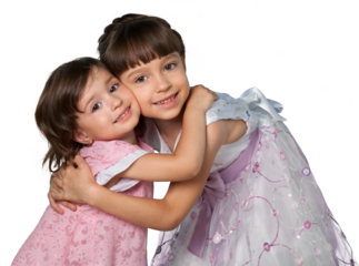 Portrait of beautiful girls hugging and posing while looking at camera, isolated on white