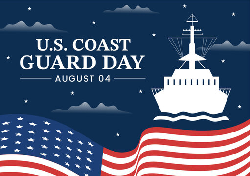 United States Coast Guard Day Vector Illustration on August 4 with American Flag and Ship Background in Flat Cartoon Hand Drawn Templates