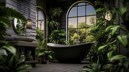 ダークテーマ、緑の植物を備えた熱帯ジャングルの豪華な屋外バスルーム。サブウェイタイルとさまざまな緑の植物を備えた明るいバスルームGenerativeAI