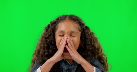 Green screen, wow and girl shouting, announcement and kid against a studio background. Face, female child or model screaming, excitement and crazy with emoji, loud and communication with news or info