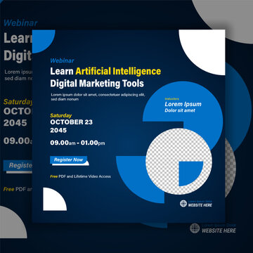 Business social media content artificial intelligence webinar template. Layout poster online course university technology. Creative modern banner, poster, flyer, background design digital marketing