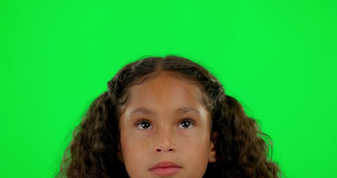 Thinking, face and girl on green screen with confused, eyes or question or doubt on studio background. Child, kid and student with idea, decision or daydreaming emoji or frustrated choice or eye roll