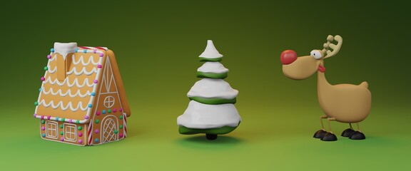 Gingerbread house, christmas tree and deer
