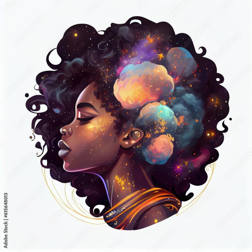 Wall mural A cute African American teenage goddess with beautiful afrocentric hairstyle made from celestial bodies fade into the universe. Generative AI AIG16.