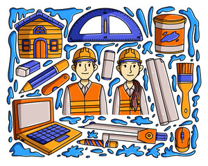 Doodle illustration designs with the theme of the architecture profession can be used for merchandise such as t-shirts, clothes, mugs, etc.