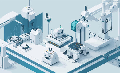 Fototapeta na wymiar vector background illustration that showcases a robotics laboratory. clean design with a white color palette. robotic arms, circuit boards, and scientists working on innovative AI algorithms