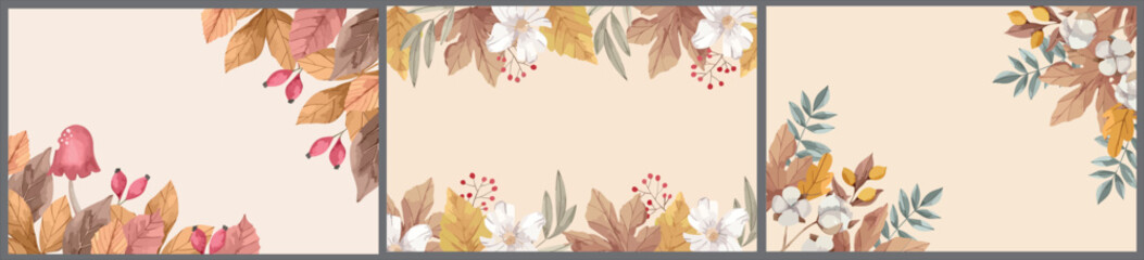 set of vector background with flowers, plants and leaves decoration, for greeting card, poster book cover, Autunm decoration 