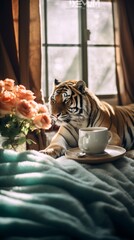 Tiger is enjoying a cup of coffee and flowers. Generative AI