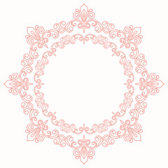 Oriental vector ornament with arabesques and floral elements. Traditional pink round classic ornament. Vintage pattern with arabesques