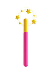 Cute toy magical stick with golden stars and sparkles flying around it. Magic wand 3d realistic style. Magician, wizard, fairy, princess accessory vector