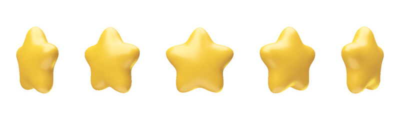 Set of rotating golden trophy metallic stars from different angles. Glossy yellow trophy stars 3d realistic style rendering. Leadership, game award, feedback symbols vector illustration on white