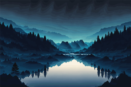 vector art of A illustration full tranquil night scene in nature, such as a serene lake surrounded by mountains under a starry sky. and silhouettes of trees to evoke a sense of calmness and serenity.