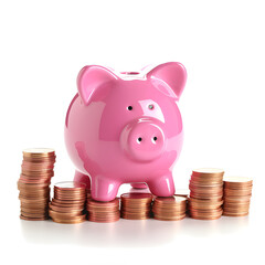 Piggy bank and coin stack on white background. Generative AI
