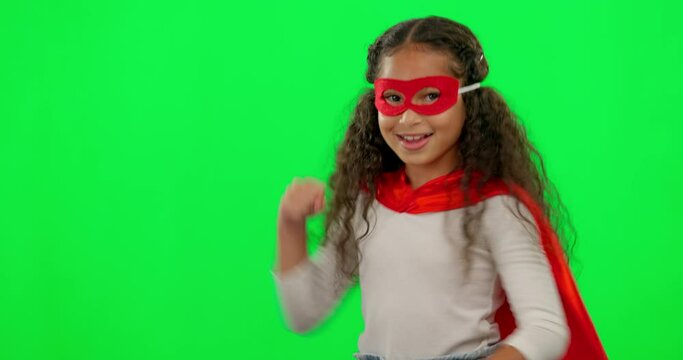 Girl child, superhero and green screen with punch, fight and justice with smile on face for mockup. Young female kid, martial arts and portrait with hero mask, cape or stop crime by studio background