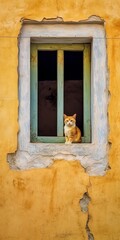 Illustration of a cat sitting in a sunny yellow window created with Generative AI technology