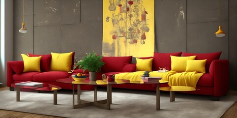 Interior with plant, paint, sofa, and tea table, beautiful interior concept of living room. 
