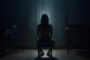 silhouette of a women in depress with dark gloomy light. Content created with generative AI software