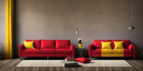 Living room interior with red yellow aesthetic colour combination,  romantic interior design of a living room. 