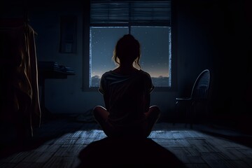 silhouette of a women in depress with dark gloomy light. Content created with generative AI software