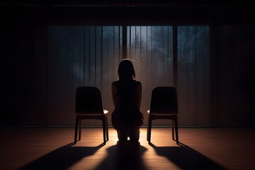 silhouette of a women in depress with dark gloomy light. Content created with generative AI software
