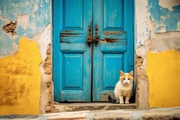 Illustration of a curious cat sitting in front of a vibrant blue door created with Generative AI technology