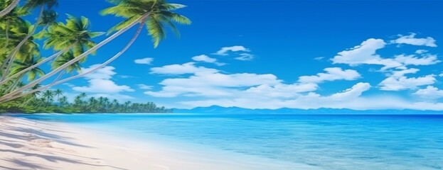 Fototapeta na wymiar Illustration of a Beautiful tropical island with palm trees and a beach. Created with Generative AI technology