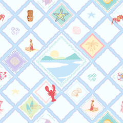 Retro Hand Draw Motif Beach Patchwork illustration Vector Seamless Pattern Art On Beige Background Wallpaper, Palm , Woman,Crab, Shell, Starfish, Sea Beach Summer Travel, Vacation 