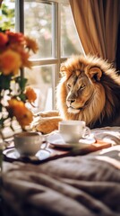 Lion is enjoying a cup of coffee and flowers. Generative AI