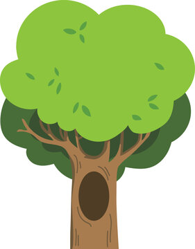 A big trunk tree with hole cartoon flat vector icon.