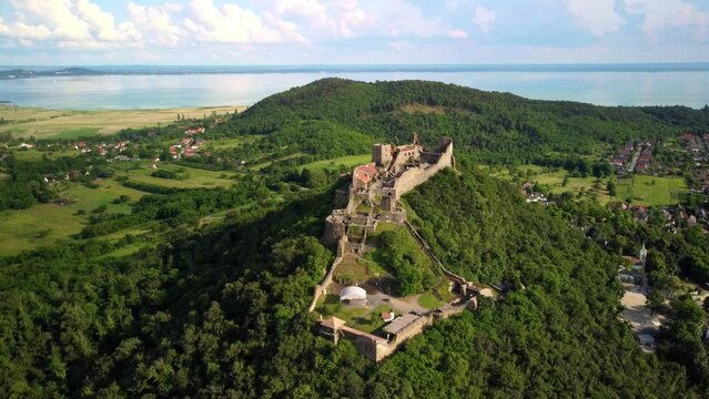Drone picture from a beautiful ancient castle Szigliget in Hungary 4K