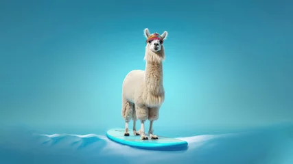 Foto auf Alu-Dibond llama on the surfboard on blue background, Generative AI © gankevstock