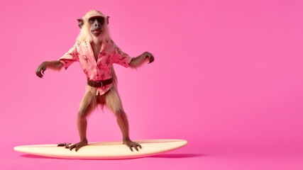 monkey on the surfboard on pink background, Generative AI