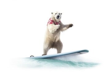 polar bear on the surfboard on white background, Generative AI