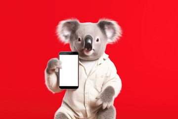 koala with smartphone on red background, Generative AI