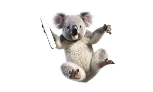koala with smartphone on white background, Generative AI